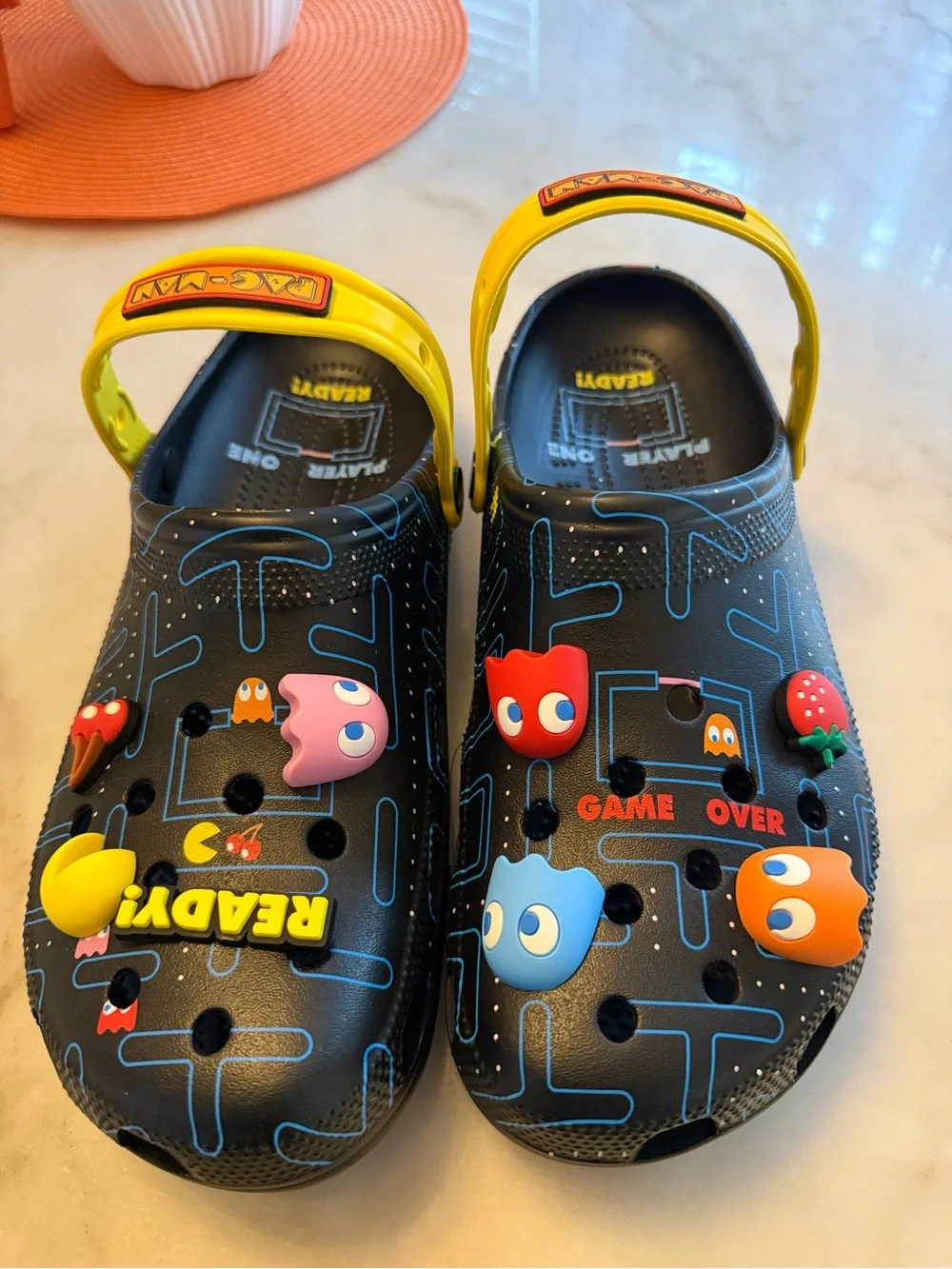 CROCS Pac-Man Themed Black Clogs with Yellow Strap